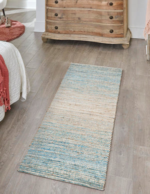 Ivory and Blue 2' 2 x 6' 1 Chenille Jute Runner Area Rug Vintage Distressed Boho All Natural Eco-Friendly Sustainable Carpet for Living Dining Office Dorm Rooms for Sale at Rug Engine