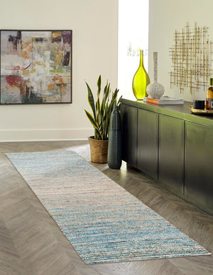 Ivory and Blue 2' 2 x 8' Chenille Jute Runner Area Rug Vintage Distressed Boho All Natural Eco-Friendly Sustainable Carpet for Living Dining Office Dorm Rooms for Sale at Rug Engine