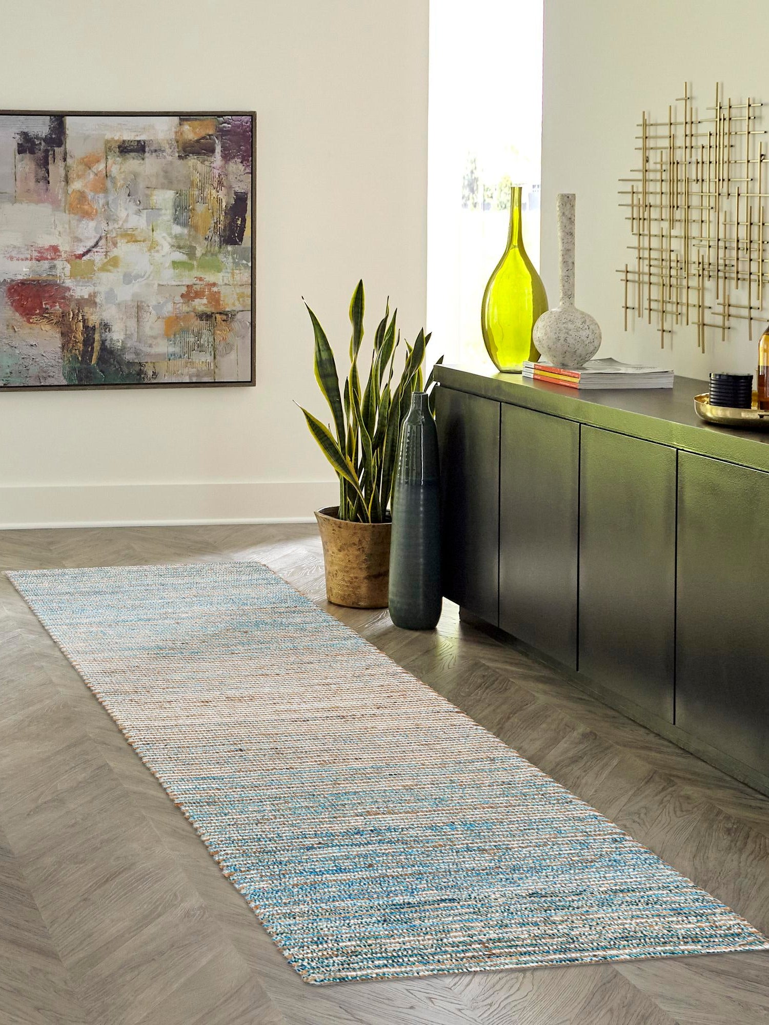 Ivory and Blue 2' 2 x 6' 1 Chenille Jute Runner Area Rug Vintage Distressed Boho All Natural Eco-Friendly Sustainable Carpet for Living Dining Office Dorm Rooms for Sale at Rug Engine