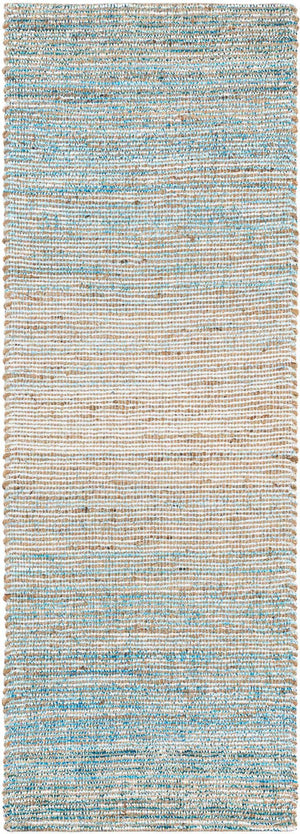 Ivory and Blue 2' 2 x 6' 1 Chenille Jute Runner Area Rug Vintage Distressed Boho All Natural Eco-Friendly Sustainable Carpet for Living Dining Office Dorm Rooms for Sale at Rug Engine