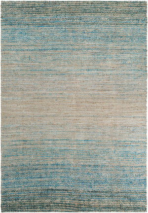 Ivory and Blue 6' 1 x 9' Chenille Jute Rectangle Area Rug Vintage Distressed Boho All Natural Eco-Friendly Sustainable Carpet for Living Dining Office Dorm Rooms for Sale at Rug Engine