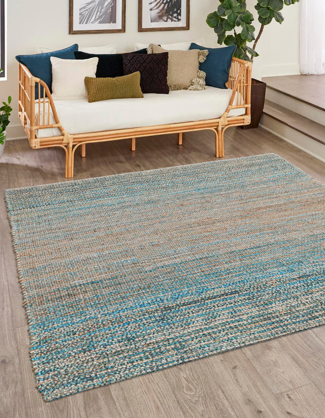 Ivory and Blue 7' 10 x 7' 10 Chenille Jute Square Area Rug Vintage Distressed Boho All Natural Eco-Friendly Sustainable Carpet for Living Dining Office Dorm Rooms for Sale at Rug Engine