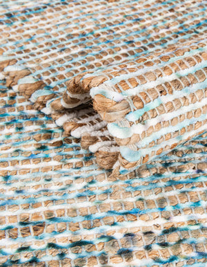 Ivory and Blue 7' 10 x 7' 10 Chenille Jute Square Area Rug Vintage Distressed Boho All Natural Eco-Friendly Sustainable Carpet for Living Dining Office Dorm Rooms for Sale at Rug Engine