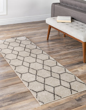Ivory 2' x 8' 8 Trellis Frieze Runner Area Rug Geometric Modern Unique Stain Resistant Easy Clean Carpet for Living, Dining, Bedrooms, Office for Sale at Rug Engine