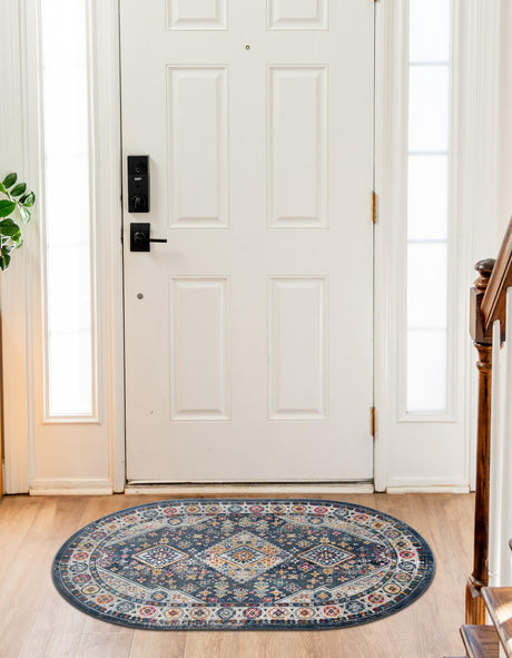 Blue 3' 7 x 5' 3 Budapest Oval Area Rug 70% Polypropylene & 30% Polyester With Cotton Backing Traditional Classical Room Carpet for Sale at Rug Engine