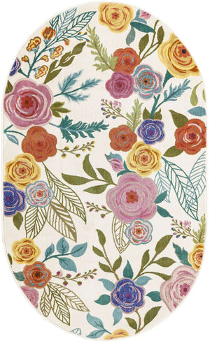 Ivory 3' 3 x 5' 3 Blossom Oval Area Rug 100% Polypropylene With Cotton Backing Easy Clean Colorful Blooming Blossoming Flower Floral Plant Carpet for Living Dining Room Office Dorms for Sale at Rug Engine