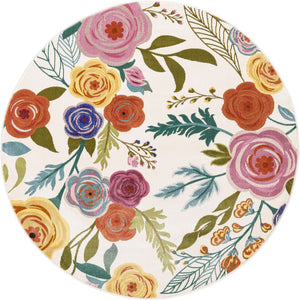 Ivory 4' 1 x 4' 1 Blossom Round Area Rug 100% Polypropylene With Cotton Backing Easy Clean Colorful Blooming Blossoming Flower Floral Plant Carpet for Living Dining Room Office Dorms for Sale at Rug Engine