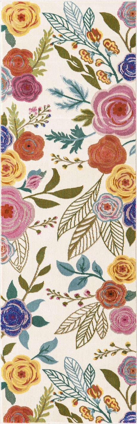 Ivory 2' x 4' 1 Blossom Runner Area Rug 100% Polypropylene With Cotton Backing Easy Clean Colorful Blooming Blossoming Flower Floral Plant Carpet for Living Dining Room Office Dorms for Sale at Rug Engine