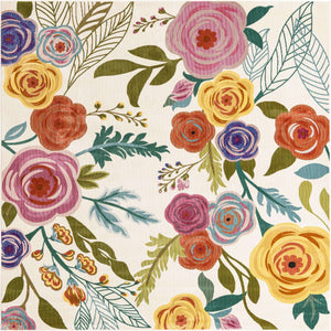 Ivory 4' 1 x 4' 1 Blossom Square Area Rug 100% Polypropylene With Cotton Backing Easy Clean Colorful Blooming Blossoming Flower Floral Plant Carpet for Living Dining Room Office Dorms for Sale at Rug Engine