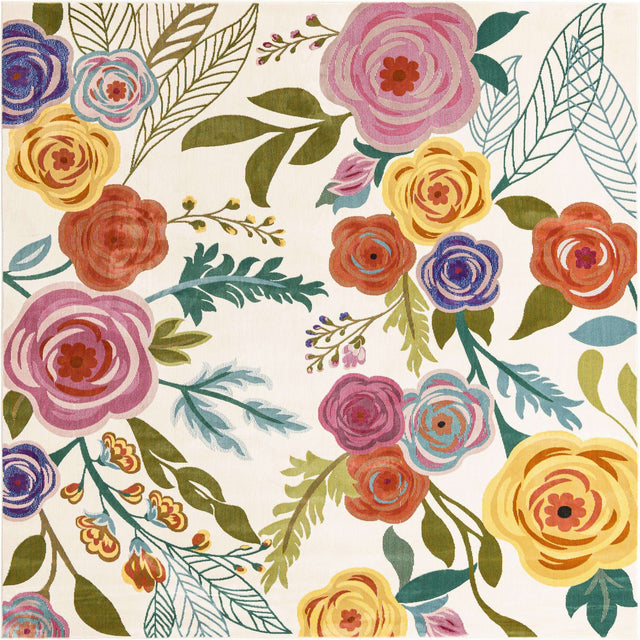 Ivory 5' 3 x 5' 3 Blossom Square Area Rug 100% Polypropylene With Cotton Backing Easy Clean Colorful Blooming Blossoming Flower Floral Plant Carpet for Living Dining Room Office Dorms for Sale at Rug Engine