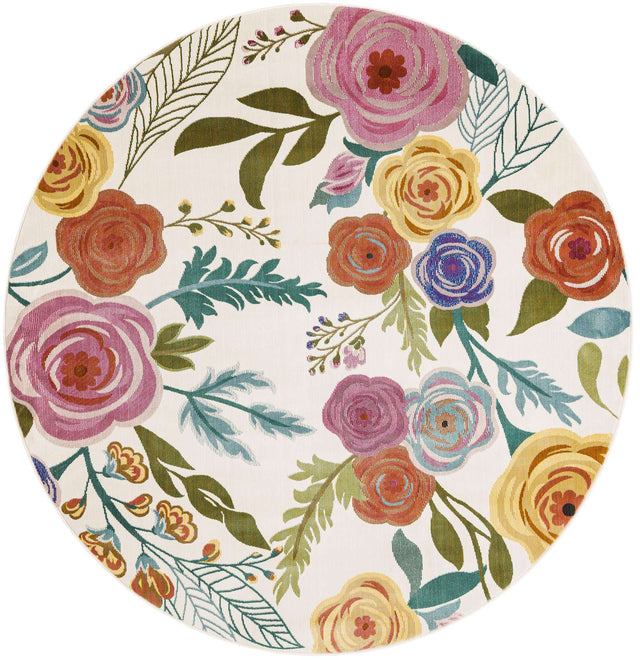 Ivory 6' 1 x 6' 1 Blossom Round Area Rug 100% Polypropylene With Cotton Backing Easy Clean Colorful Blooming Blossoming Flower Floral Plant Carpet for Living Dining Room Office Dorms for Sale at Rug Engine