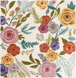 Ivory 6' 1 x 6' 1 Blossom Square Area Rug 100% Polypropylene With Cotton Backing Easy Clean Colorful Blooming Blossoming Flower Floral Plant Carpet for Living Dining Room Office Dorms for Sale at Rug Engine