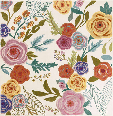 Ivory 6' 1 x 6' 1 Blossom Square Area Rug 100% Polypropylene With Cotton Backing Easy Clean Colorful Blooming Blossoming Flower Floral Plant Carpet for Living Dining Room Office Dorms for Sale at Rug Engine