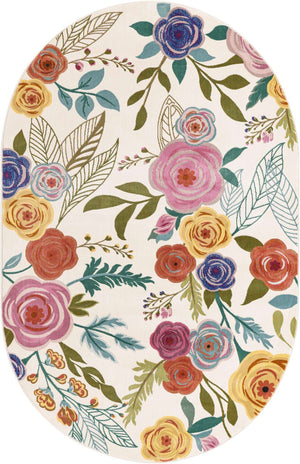 Ivory 6' 1 x 9' Blossom Oval Area Rug 100% Polypropylene With Cotton Backing Easy Clean Colorful Blooming Blossoming Flower Floral Plant Carpet for Living Dining Room Office Dorms for Sale at Rug Engine