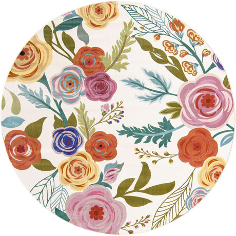 Ivory 7' 10 x 7' 10 Blossom Round Area Rug 100% Polypropylene With Cotton Backing Easy Clean Colorful Blooming Blossoming Flower Floral Plant Carpet for Living Dining Room Office Dorms for Sale at Rug Engine