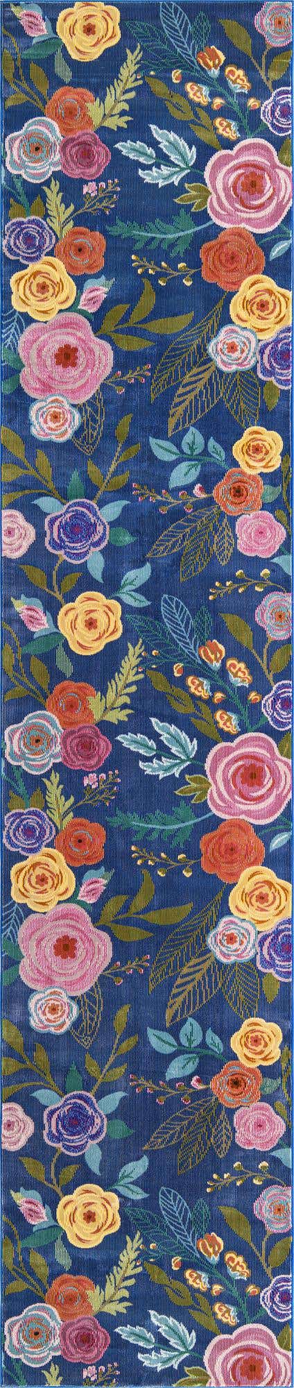Blue 2' 7 x 10' Blossom Runner Area Rug 100% Polypropylene With Cotton Backing Easy Clean Colorful Blooming Blossoming Flower Floral Plant Carpet for Living Dining Room Office Dorms for Sale at Rug Engine