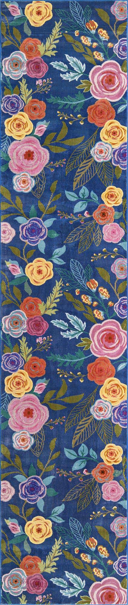 Blue 2' 7 x 13' 1 Blossom Runner Area Rug 100% Polypropylene With Cotton Backing Easy Clean Colorful Blooming Blossoming Flower Floral Plant Carpet for Living Dining Room Office Dorms for Sale at Rug Engine