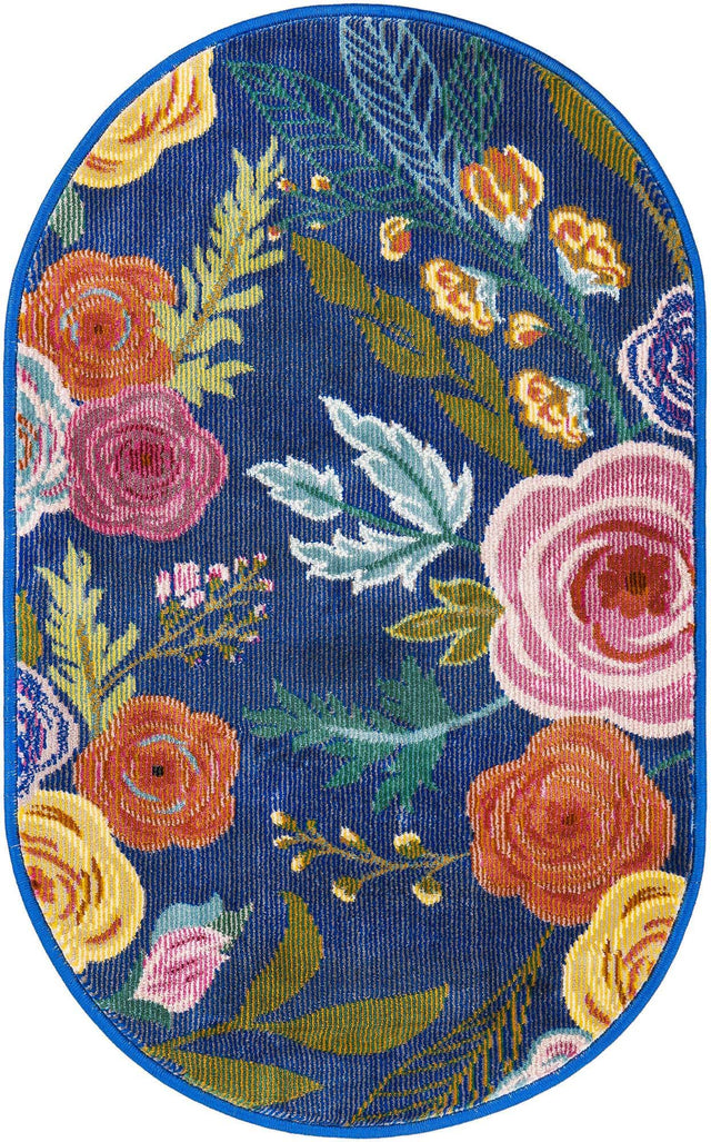 Blue 2' x 3' 1 Blossom Oval Area Rug 100% Polypropylene With Cotton Backing Easy Clean Colorful Blooming Blossoming Flower Floral Plant Carpet for Living Dining Room Office Dorms for Sale at Rug Engine