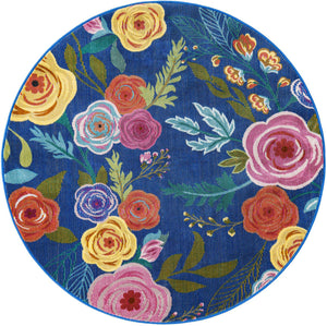 Blue 4' 1 x 4' 1 Blossom Round Area Rug 100% Polypropylene With Cotton Backing Easy Clean Colorful Blooming Blossoming Flower Floral Plant Carpet for Living Dining Room Office Dorms for Sale at Rug Engine