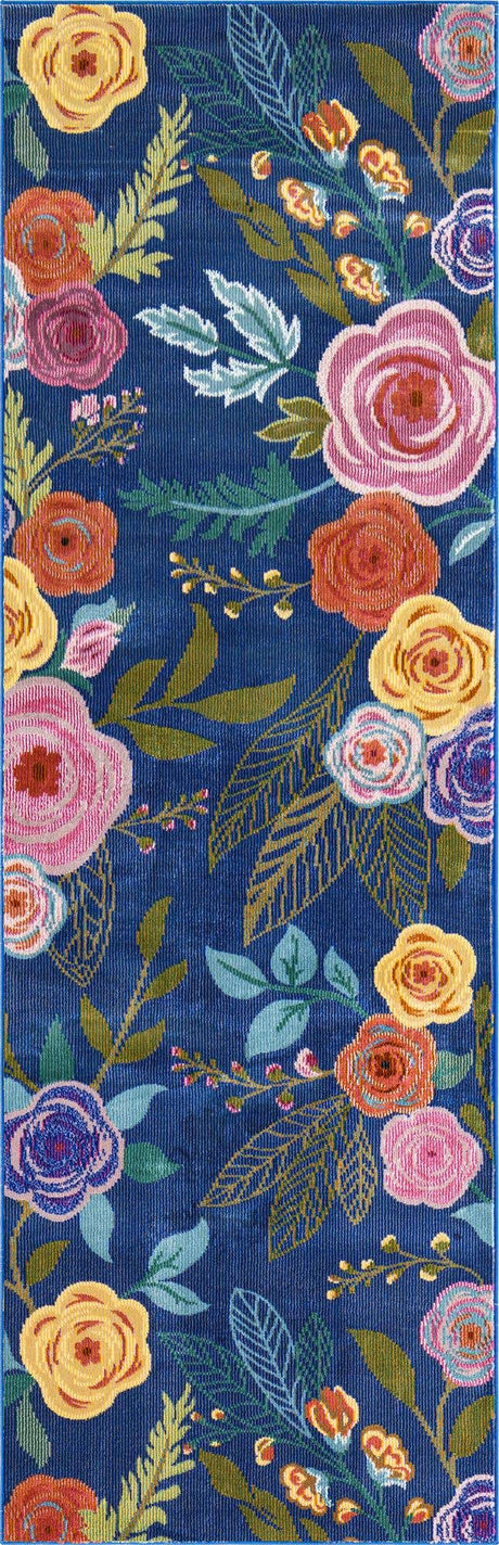 Blue 2' x 5' 1 Blossom Runner Area Rug 100% Polypropylene With Cotton Backing Easy Clean Colorful Blooming Blossoming Flower Floral Plant Carpet for Living Dining Room Office Dorms for Sale at Rug Engine