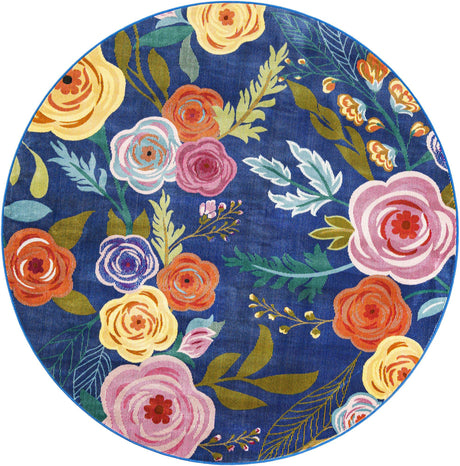 Blue 6' 1 x 6' 1 Blossom Round Area Rug 100% Polypropylene With Cotton Backing Easy Clean Colorful Blooming Blossoming Flower Floral Plant Carpet for Living Dining Room Office Dorms for Sale at Rug Engine