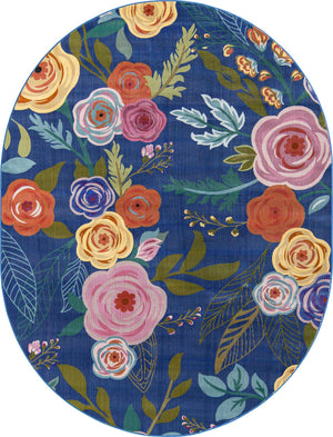 Blue 6' 1 x 9' Blossom Oval Area Rug 100% Polypropylene With Cotton Backing Easy Clean Colorful Blooming Blossoming Flower Floral Plant Carpet for Living Dining Room Office Dorms for Sale at Rug Engine