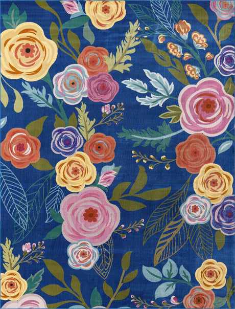 Blue 7' 10 x 11' Blossom Rectangle Area Rug 100% Polypropylene With Cotton Backing Easy Clean Colorful Blooming Blossoming Flower Floral Plant Carpet for Living Dining Room Office Dorms for Sale at Rug Engine