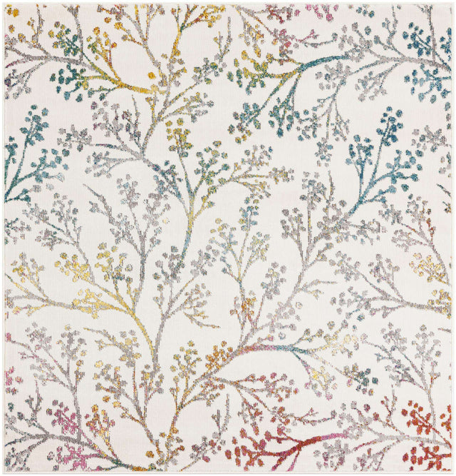 Ivory 4' 1 x 4' 1 Blossom Square Area Rug 100% Polypropylene With Cotton Backing Easy Clean Colorful Blooming Blossoming Flower Floral Plant Carpet for Living Dining Room Office Dorms for Sale at Rug Engine