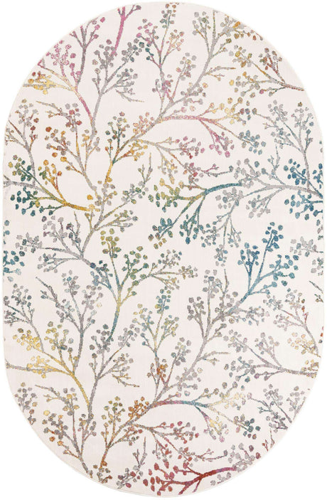 Ivory 6' 1 x 9' Blossom Oval Area Rug 100% Polypropylene With Cotton Backing Easy Clean Colorful Blooming Blossoming Flower Floral Plant Carpet for Living Dining Room Office Dorms for Sale at Rug Engine
