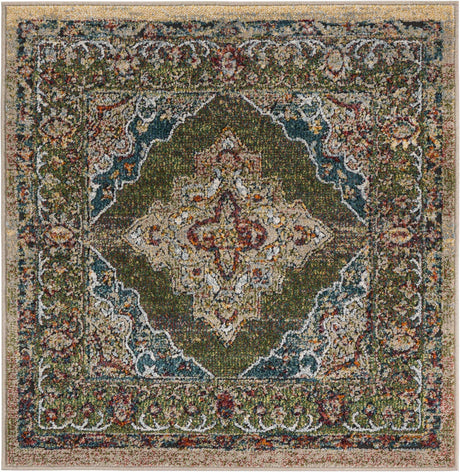 Green 3' 3 x 3' 3 Isabella Square Area Rug Polypropylene & Polyester Traditional Elegant Carpet for Living Rooms, Dining, Office, Dorms for Sale at Rug Engine