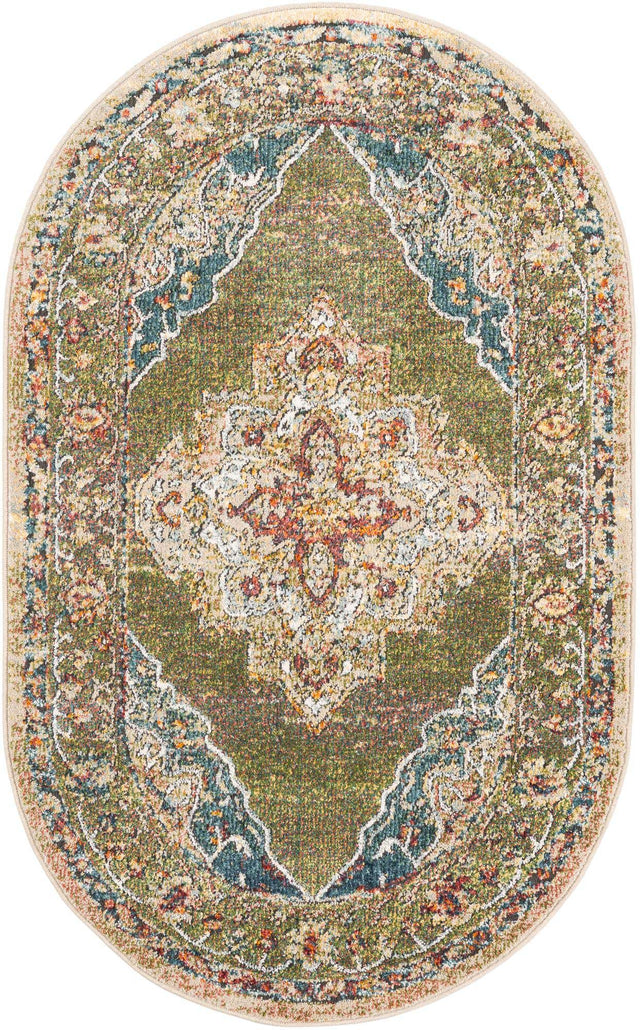 Green 3' 3 x 5' 3 Isabella Oval Area Rug Polypropylene & Polyester Traditional Elegant Carpet for Living Rooms, Dining, Office, Dorms for Sale at Rug Engine