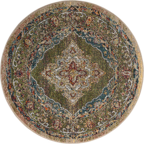 Green 4' 1 x 4' 1 Isabella Round Area Rug Polypropylene & Polyester Traditional Elegant Carpet for Living Rooms, Dining, Office, Dorms for Sale at Rug Engine