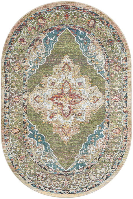 Green 6' 1 x 9' Isabella Oval Area Rug Polypropylene & Polyester Traditional Elegant Carpet for Living Rooms, Dining, Office, Dorms for Sale at Rug Engine