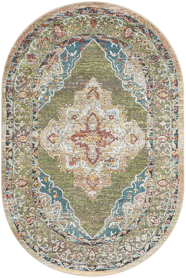 Green 6' 1 x 9' Isabella Oval Area Rug Polypropylene & Polyester Traditional Elegant Carpet for Living Rooms, Dining, Office, Dorms for Sale at Rug Engine