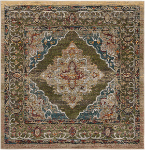 Green 7' 1 x 7' 1 Isabella Square Area Rug Polypropylene & Polyester Traditional Elegant Carpet for Living Rooms, Dining, Office, Dorms for Sale at Rug Engine