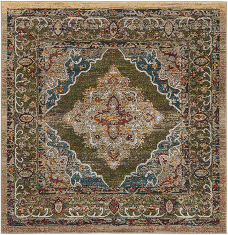 Green 7' 1 x 7' 1 Isabella Square Area Rug Polypropylene & Polyester Traditional Elegant Carpet for Living Rooms, Dining, Office, Dorms for Sale at Rug Engine