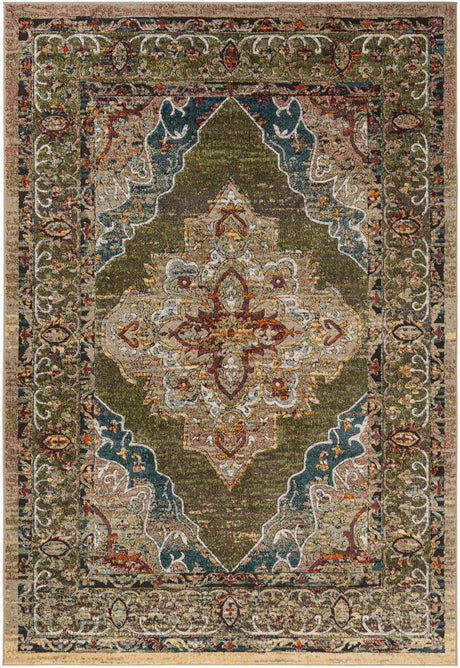 Green 7' 1 x 10' Isabella Rectangle Area Rug Polypropylene & Polyester Traditional Elegant Carpet for Living Rooms, Dining, Office, Dorms for Sale at Rug Engine