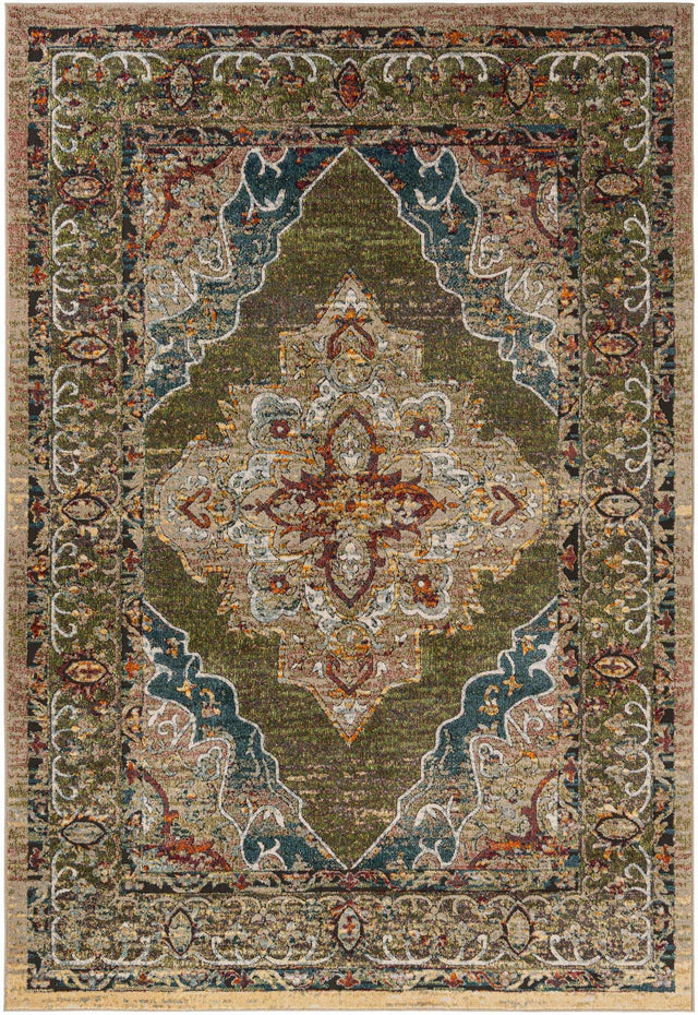 Green 7' 1 x 10' Isabella Rectangle Area Rug Polypropylene & Polyester Traditional Elegant Carpet for Living Rooms, Dining, Office, Dorms for Sale at Rug Engine