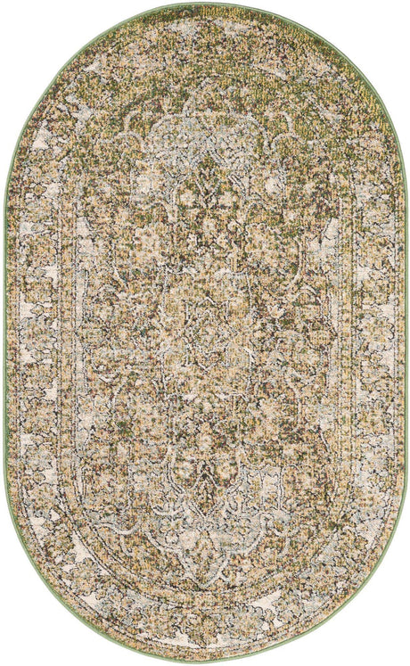 Green 3' 3 x 5' 3 Isabella Oval Area Rug Polypropylene & Polyester Traditional Elegant Carpet for Living Rooms, Dining, Office, Dorms for Sale at Rug Engine