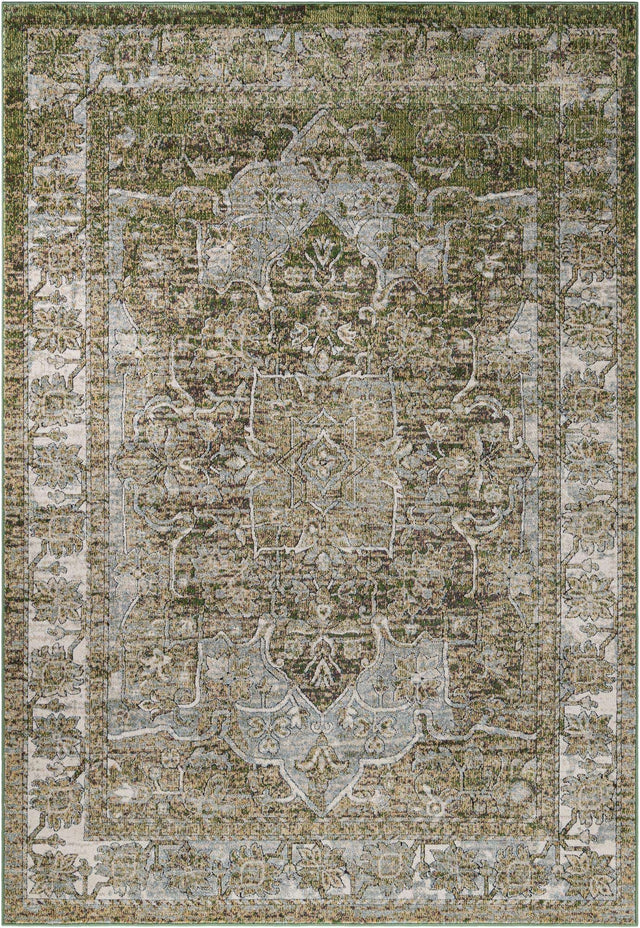 Green 7' 1 x 10' Isabella Rectangle Area Rug Polypropylene & Polyester Traditional Elegant Carpet for Living Rooms, Dining, Office, Dorms for Sale at Rug Engine