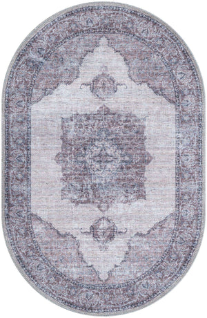 Washable Ivory and Gray 2' x 3' 1 Mangata Oval Area Rug Easy to Clean Stain Resistant & Durable Chenille Traditional Vintage Distressed Carpet for Sale at Rug Engine
