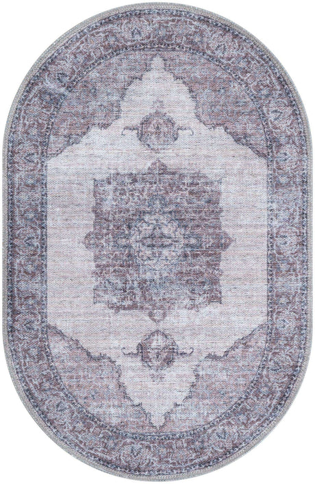 Washable Ivory and Gray 2' x 3' 1 Mangata Oval Area Rug Easy to Clean Stain Resistant & Durable Chenille Traditional Vintage Distressed Carpet for Sale at Rug Engine