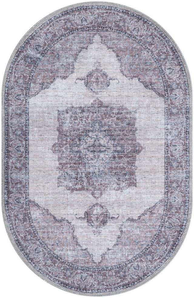 Washable Ivory and Gray 2' x 3' 1 Mangata Oval Area Rug Easy to Clean Stain Resistant & Durable Chenille Traditional Vintage Distressed Carpet for Sale at Rug Engine