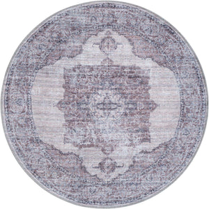 Washable Ivory and Gray 3' 3 x 3' 3 Mangata Round Area Rug Easy to Clean Stain Resistant & Durable Chenille Traditional Vintage Distressed Carpet for Sale at Rug Engine