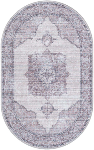 Washable Ivory and Gray 3' 3 x 5' 3 Mangata Oval Area Rug Easy to Clean Stain Resistant & Durable Chenille Traditional Vintage Distressed Carpet for Sale at Rug Engine