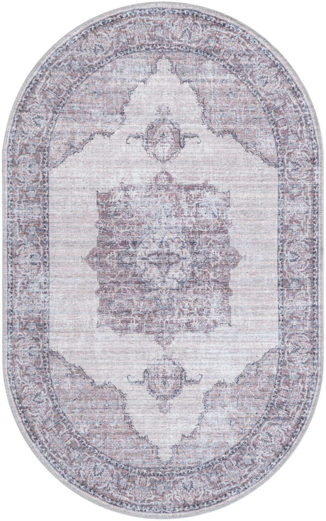Washable Ivory and Gray 3' 3 x 5' 3 Mangata Oval Area Rug Easy to Clean Stain Resistant & Durable Chenille Traditional Vintage Distressed Carpet for Sale at Rug Engine