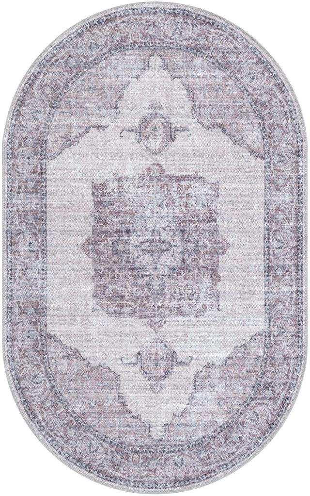 Washable Ivory and Gray 3' 3 x 5' 3 Mangata Oval Area Rug Easy to Clean Stain Resistant & Durable Chenille Traditional Vintage Distressed Carpet for Sale at Rug Engine