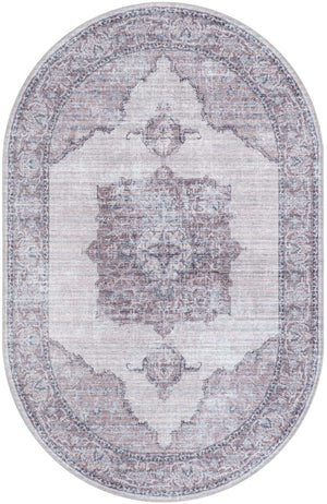 Washable Ivory and Gray 3' 11 x 6' 1 Mangata Oval Area Rug Easy to Clean Stain Resistant & Durable Chenille Traditional Vintage Distressed Carpet for Sale at Rug Engine