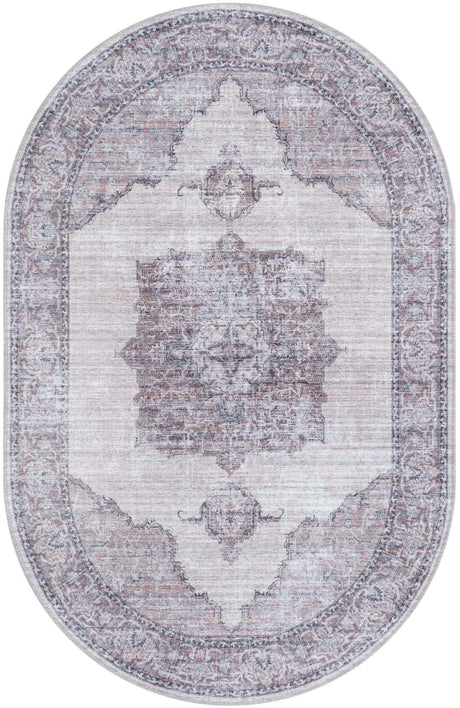 Washable Ivory and Gray 3' 11 x 6' 1 Mangata Oval Area Rug Easy to Clean Stain Resistant & Durable Chenille Traditional Vintage Distressed Carpet for Sale at Rug Engine