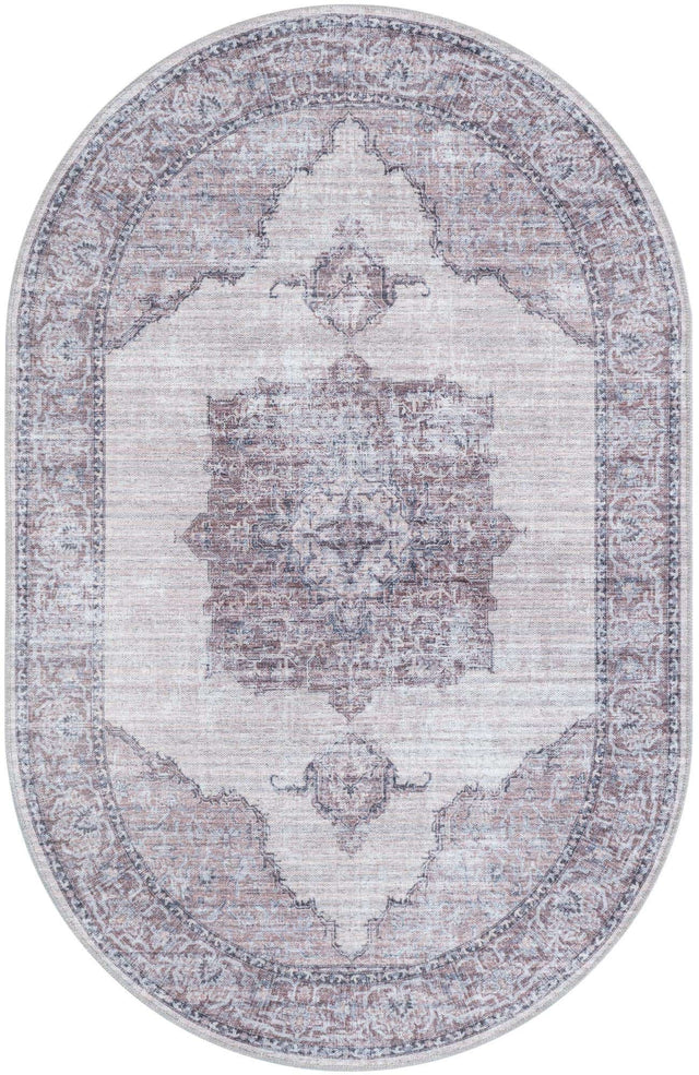 Washable Ivory and Gray 3' 11 x 6' 1 Mangata Oval Area Rug Easy to Clean Stain Resistant & Durable Chenille Traditional Vintage Distressed Carpet for Sale at Rug Engine